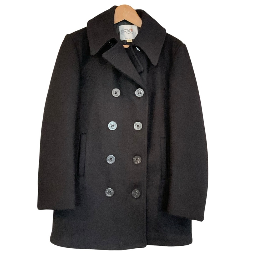 VTG Fox Knapp Mens 36 Black Peacoat Anchor Buttons Quilted Lined Double Breasted